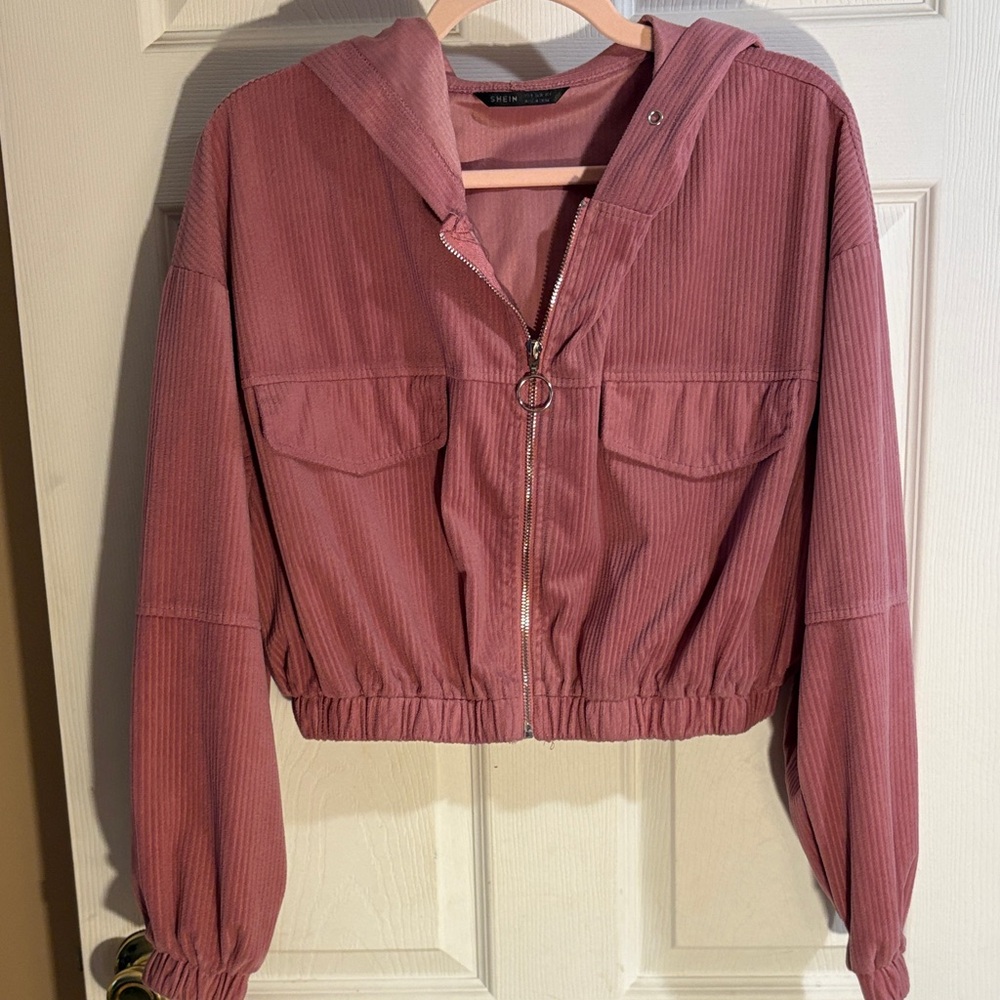 SHEIN Dusty Mauve Ribbed Zip-Up Hooded Bomber Shirt/Jacket Pre-owned Medium